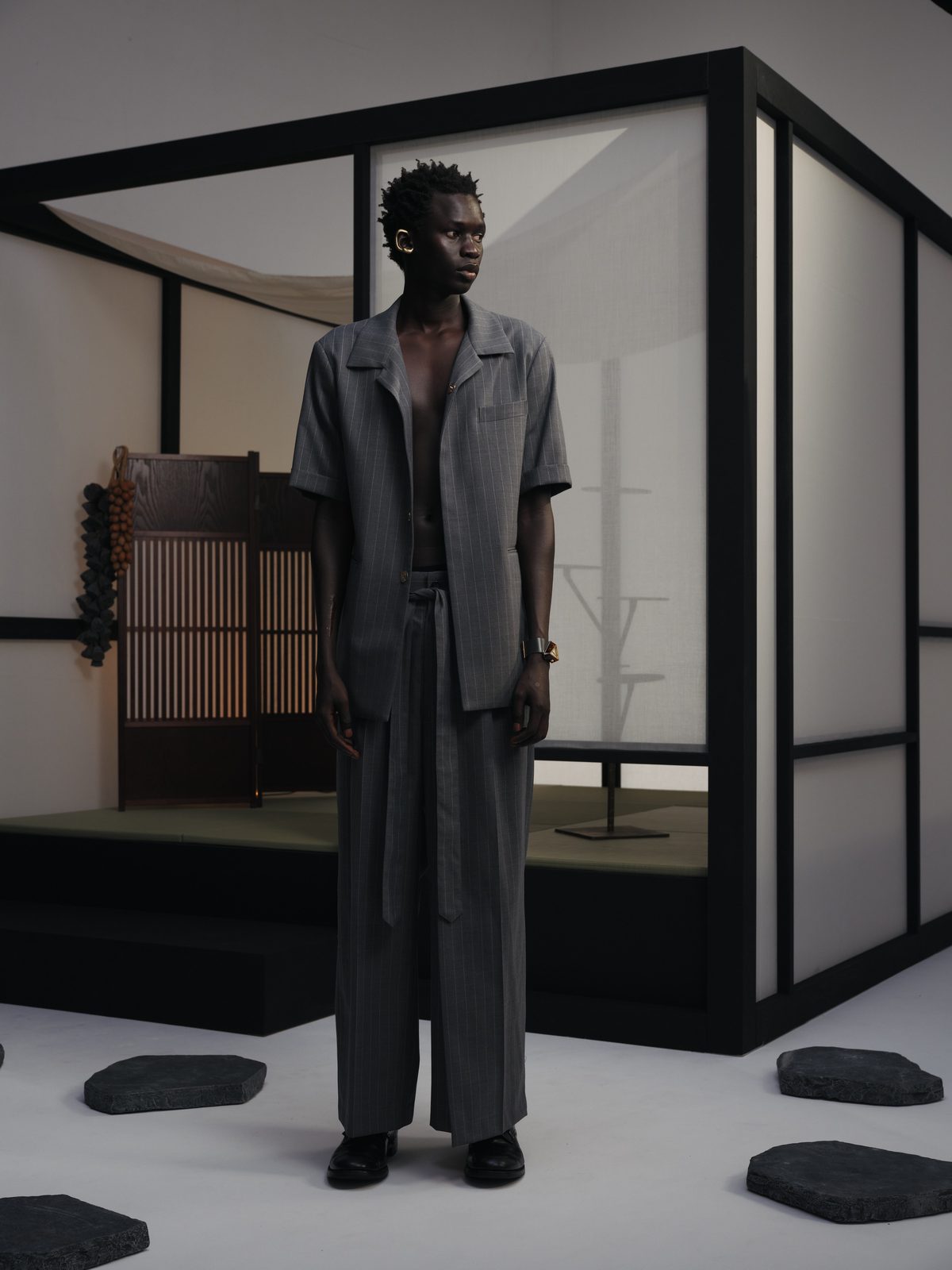 AYA DESIGN SS26 — Short Sleeve Tailored Shirt Jacket (Gray Stripe)