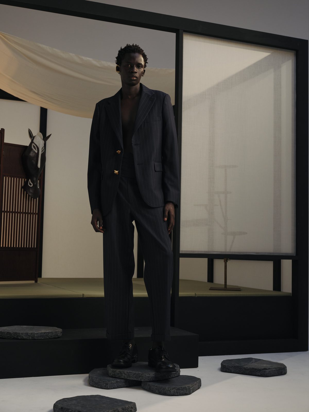 AYA DESIGN SS26 — Tailored Jacket (Navy Stripe)