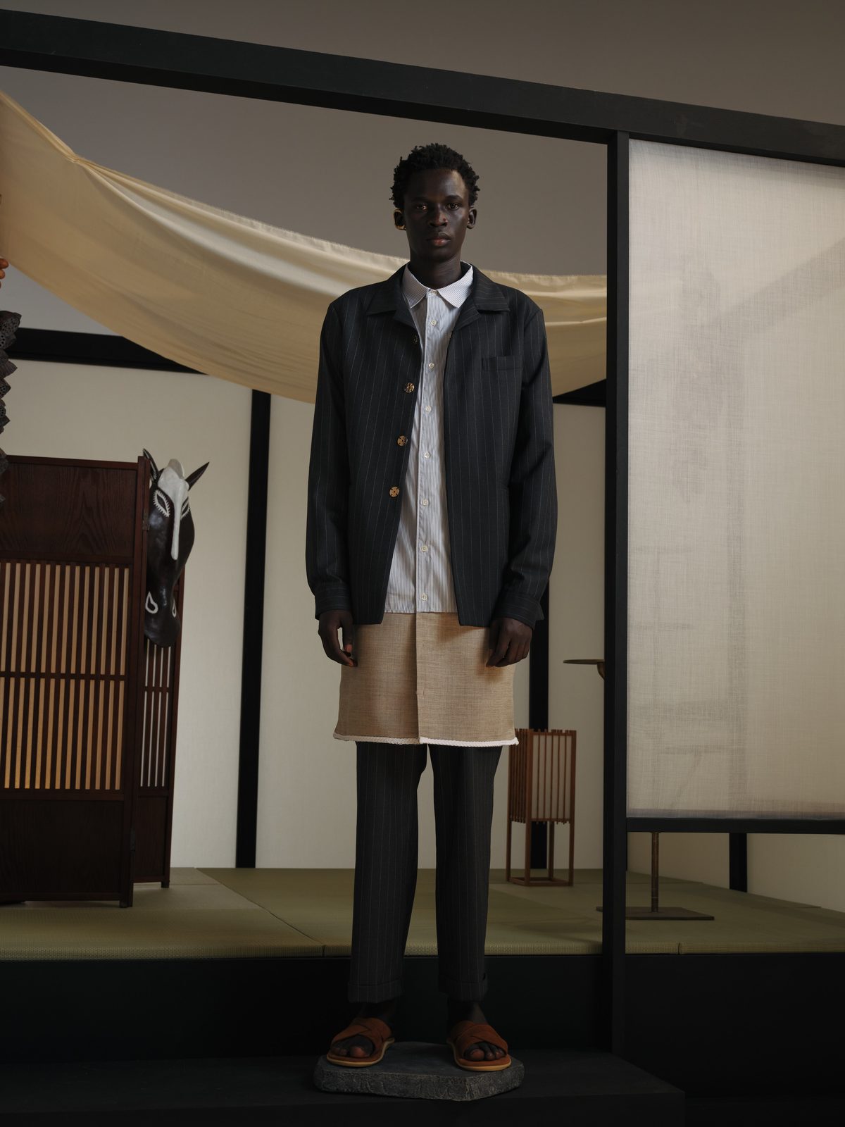 AYA DESIGN SS26 — Long Sleeve Tailored Shirt Jacket (Black Stripe)